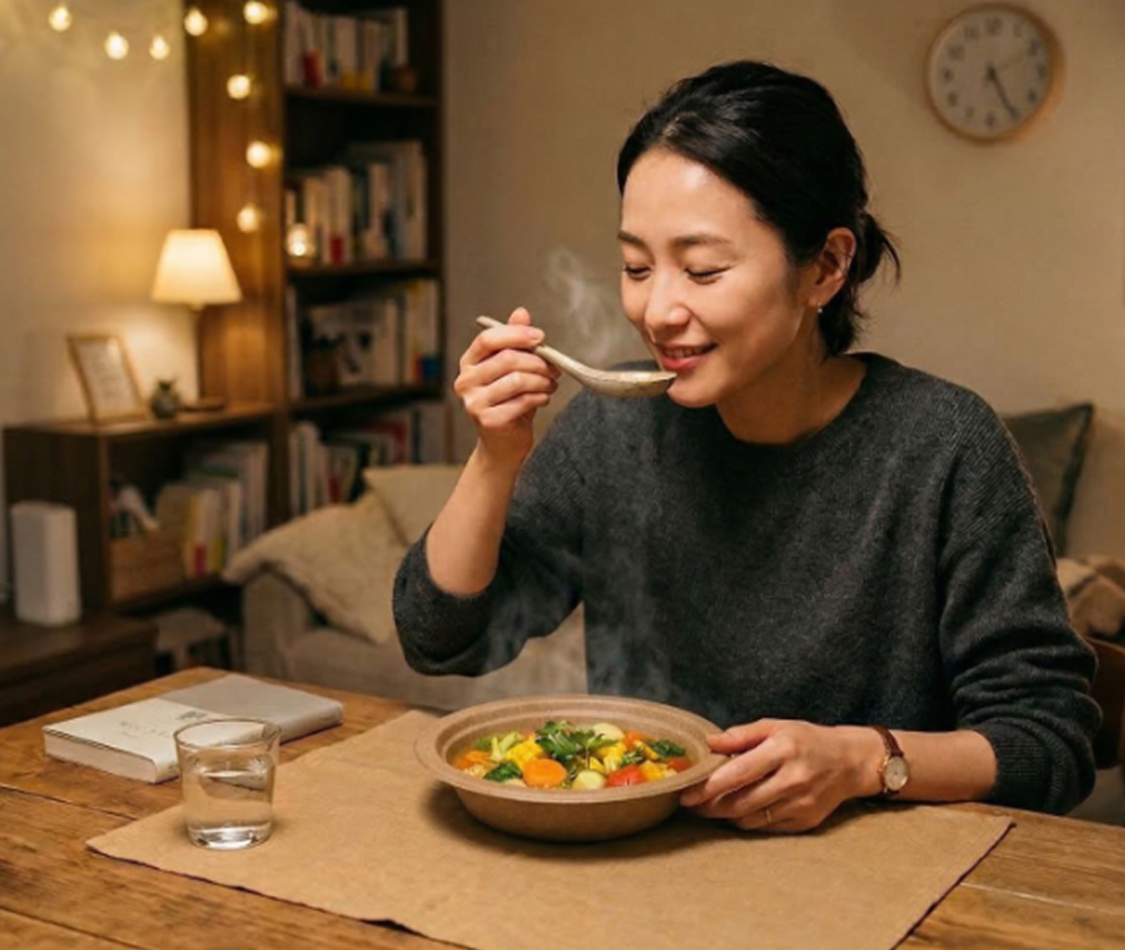 スープを食べる女性